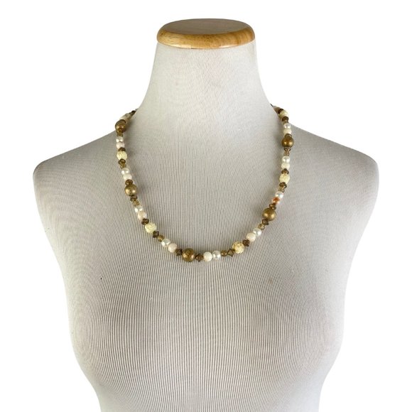 Vintage Necklace One Strand Various Beads  Bronze White Faux Pearl Rose Beads - Picture 1 of 5